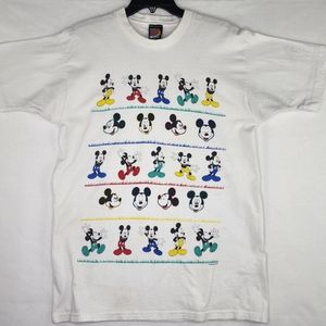 VTG Mickey Unlimited Disney Mens Shirt White Sz. L Faces Poses Graphic 90s Tee